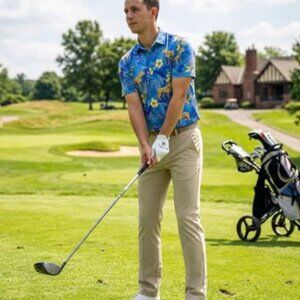 Birdie Bound Men's Performance Golf Polo – Jungle Leopard Azure Blue Small